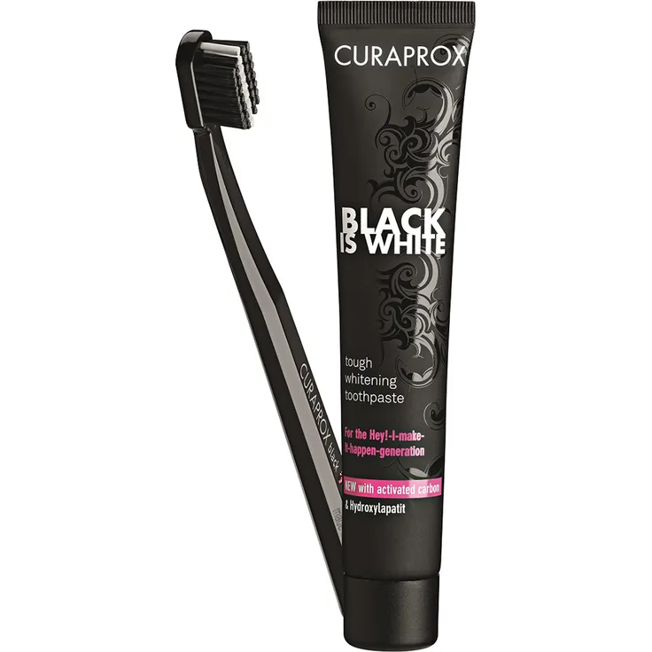 Curaprox Black is White Set für weiße Zähne, Zahnaufhellung mit schwarzer Zahncreme aus Aktivkohle, whitening toothpaste, 1x Zahnbürste und Zahnpasta 90ml