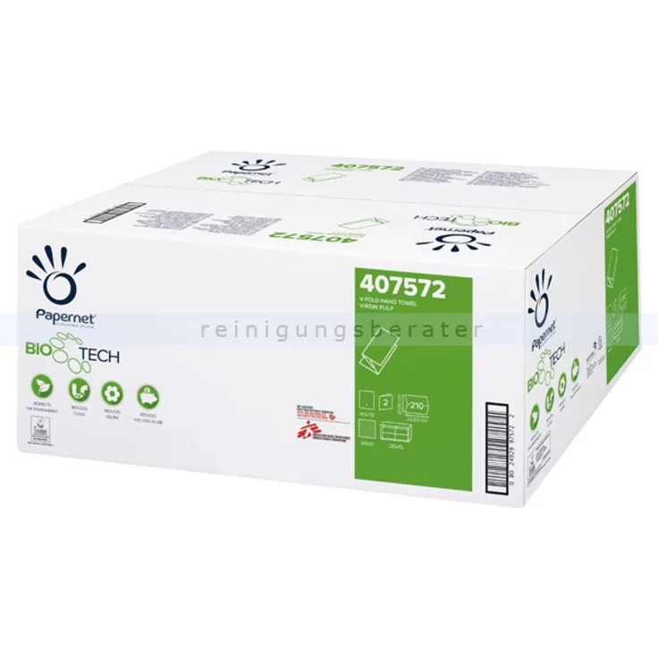 Papierhandtücher Papernet BIOTECH 3150 Blatt Flushy 22x21 cm V-Falz, 15 Pack je 210 Blatt, 2-lagig, zersetzend, weiß