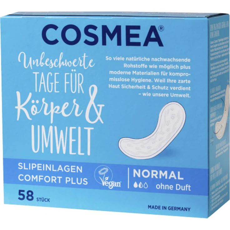 COSMEA Slipeinlagen Normal ohne Duft Damenbinden Comfort Plus lange Körperform-Slipeinlagen für optimalen Schutz 58 Stück