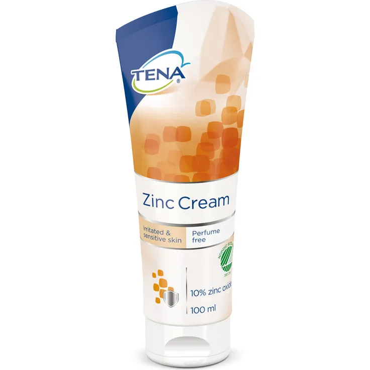 Tena Zink Cream enthält Zinkoxid, schont die Haut durch das leichte Auftragen und Entfernen ohne starke Reibung 100 ml
