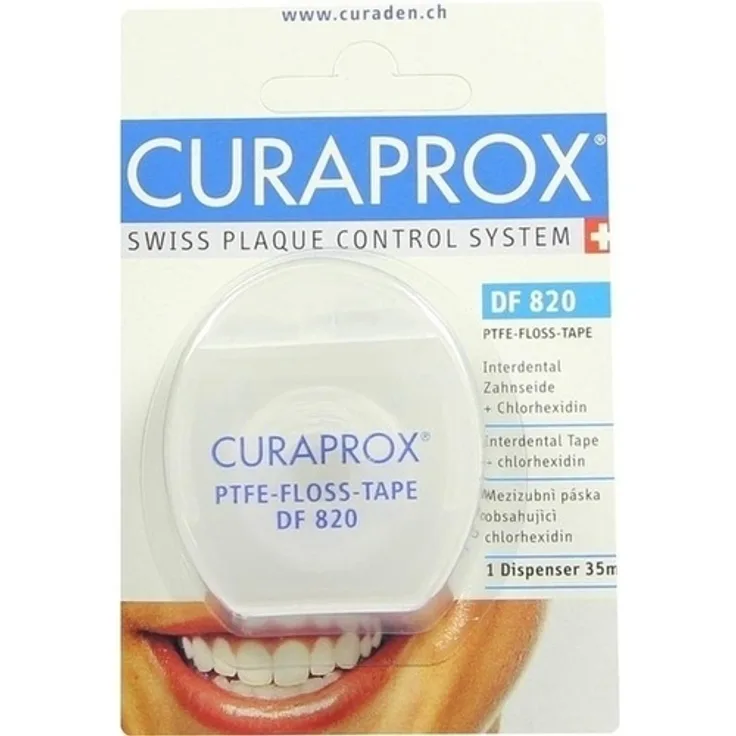 Curaprox DF 820 Interd.Tape m.Chlorhexidin Spender 35 m, für ein strahlend sauberes Lächeln