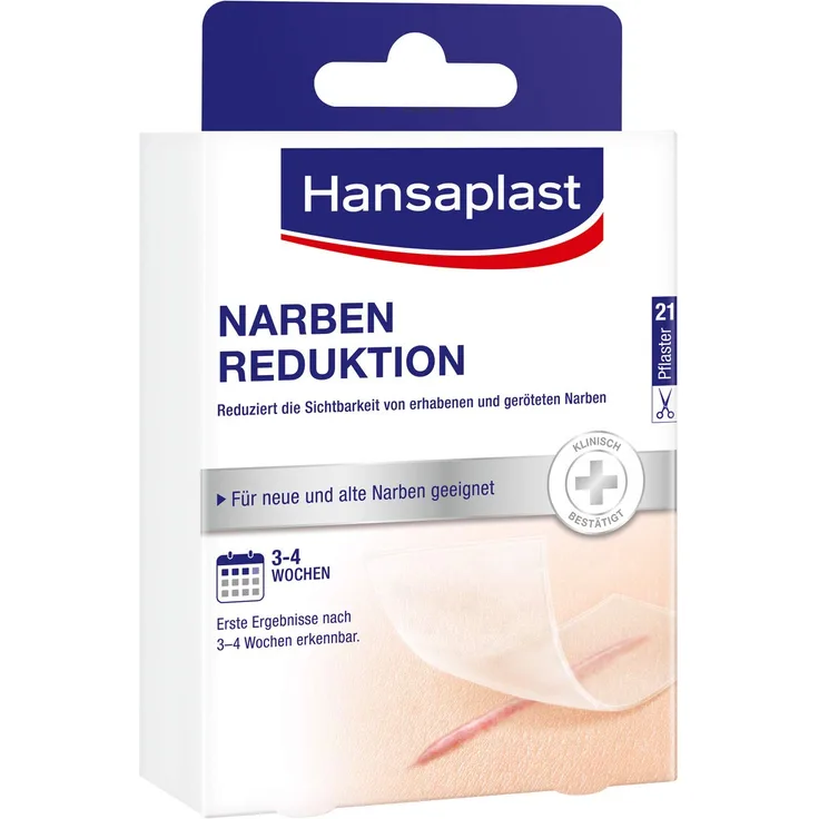 Hansaplast Narben Reduktion, Narbenpflaster zur Reduktion der Sichtbarkeit von Narben, macht Narben dauerhaft flacher, heller und weicher, 1 x 21 Stück, (3,8 cm x 6,8 cm) 02728-00000-25