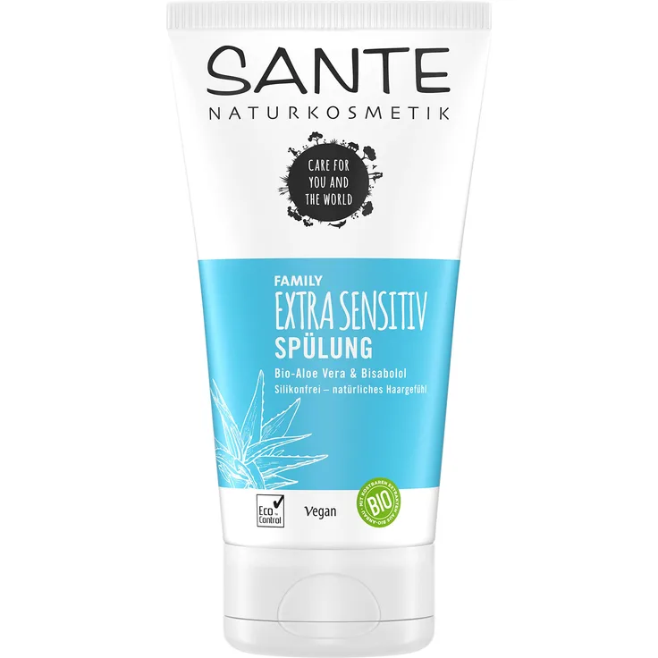 Sante Naturkosmetik 40326 Family Extra Sensitiv Spülung Bio-Aloe Vera & Bisabolol Intesive Feuchtigkeit Für Trockenes Haar Natürlicher Conditioner Für Feines Haar Ohne Silikon Vegan 150 ml,