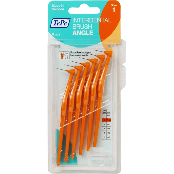 TePe Angle Interdentalbürsten Orange (ISO Größe 1: 0,45 mm) - Kontrollierte Reinigung der Zahnzwischenräume auch an schwer zugänglichen Stellen - 2 x 6 Angle Interdentalbürsten