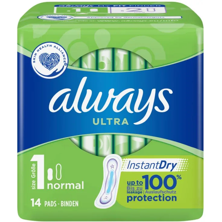 Always Ultra Damenbinde Größe 1 Normal ohne Flügel InstantDry Technologie dickere Binden mit einer angenehmen Passform Auslaufschutz 14 Stück