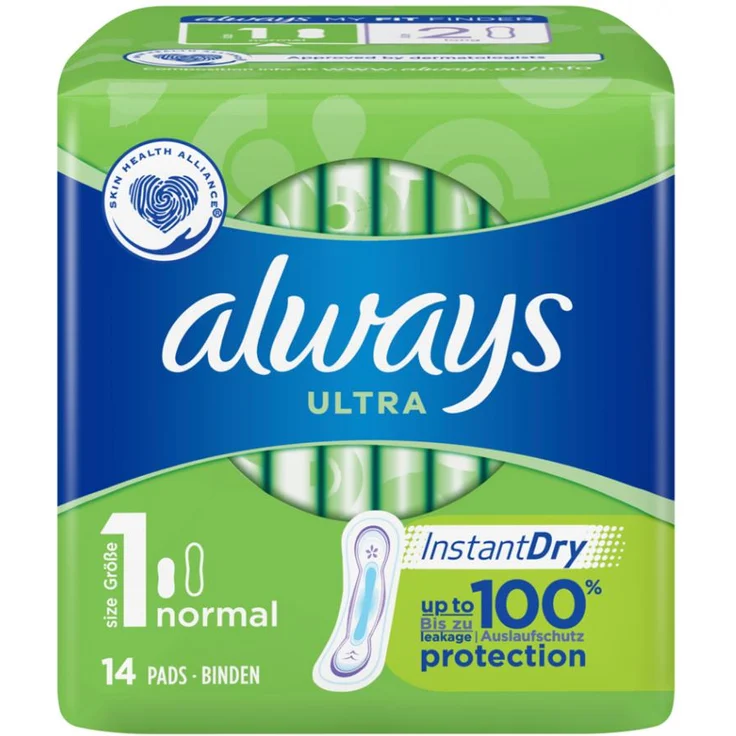 Always Ultra Damenbinde Größe 1 Normal ohne Flügel InstantDry Technologie dickere Binden mit einer angenehmen Passform Auslaufschutz 14 Stück – Bild 1