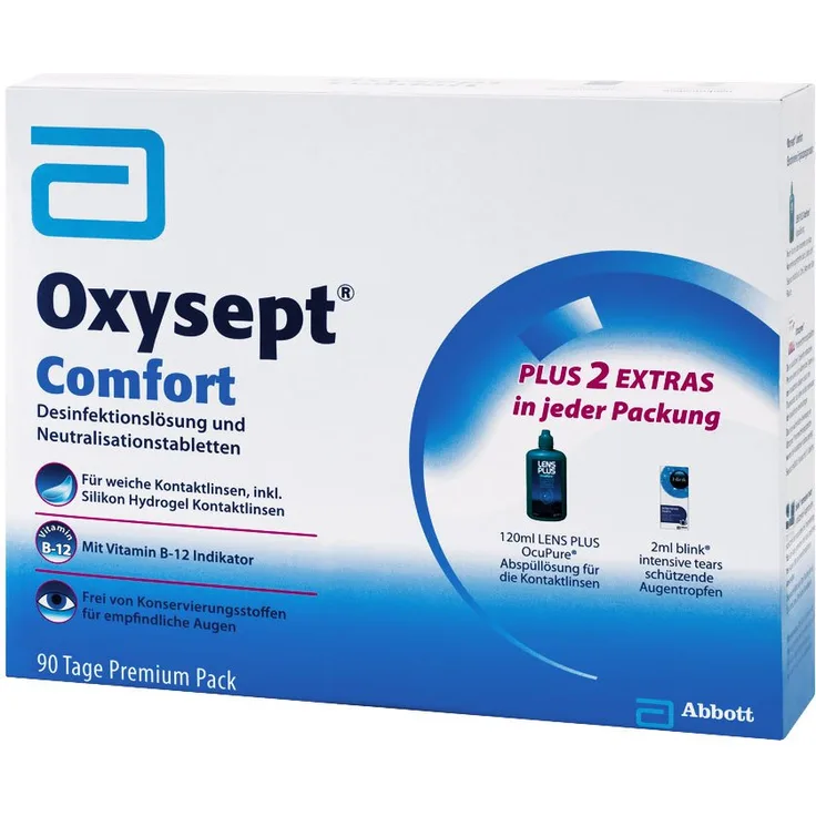 AMO Oxysept Comfort Premium 90 Tage 3-Monats-Pack 3 x 300 ml + 120 ml + 2 ml All-in-One-Lösung für weiche Kontaktlinsen, inkl. Aufbewahrungsbehälter