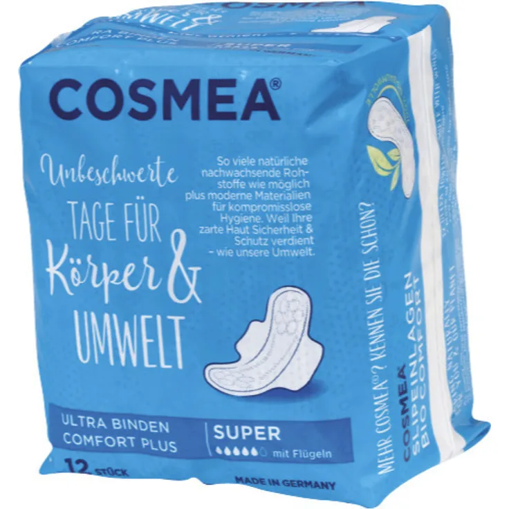 COSMEA Ultra Binden Comfort Plus mit Flügeln für leichte und mittlere Menstruation, optimaler Sitz durch körpergerechte Form 12 Stück
