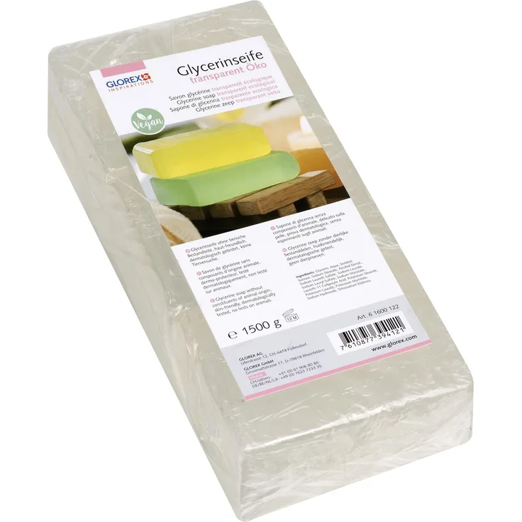 GLOREX 6 1600 122 Glycerinseife Öko transparente Seife auf hautneutraler Basis dermatologisch getestet 100 % Vegan 1500 g Block als Grundlage zum Seifengießen für Alle Hauttypen geeignet