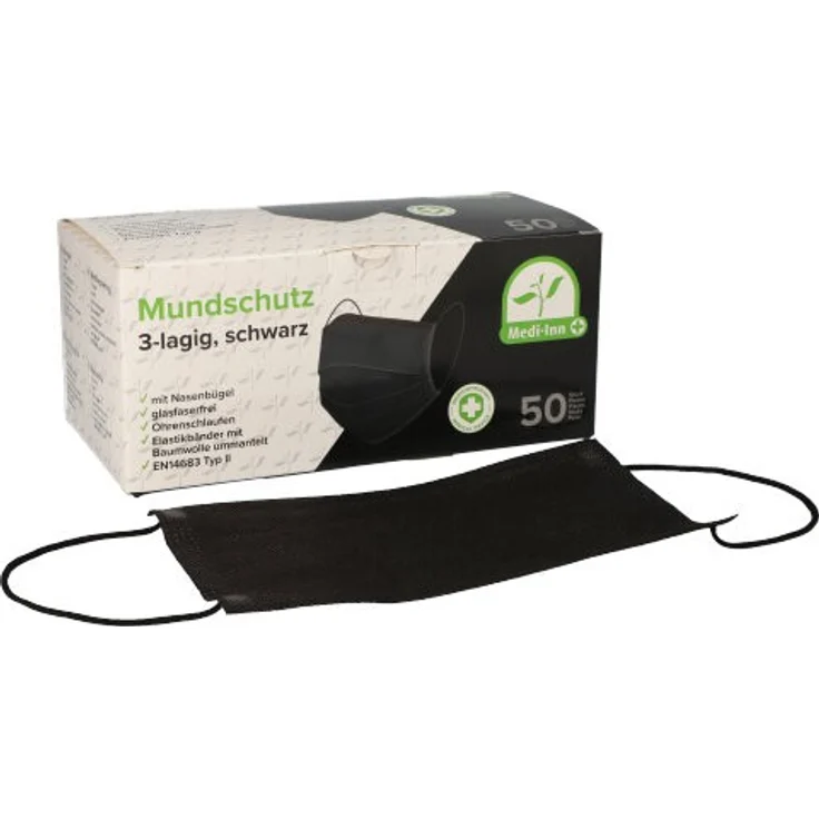 50 ''Medi-Inn'' Mundschutz Type II, 3-lagig 9 cm x 17,5 cm schwarz mit Nasenbügel