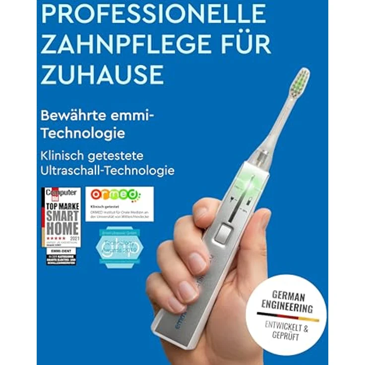 emmi-DENT Ultraschall Zahnbürste Platinum CAM in Weiß, Starter Set mit integrierter Kamera, Handteil, Ladestation, 2x Aufsatz & Zahnpasta, sanfte Plaque- & Zahnsteinreduzierung, Made in Germany – Bild 5