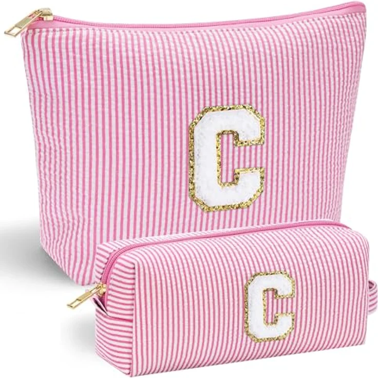 Parima Buchstaben Kosmetiktasche Mädchen - 2er Set Rosa mit Buchstaben C, große und kleine Make-up-Tasche mit praktischem Tragegriff und mehreren Fächern – Bild 1
