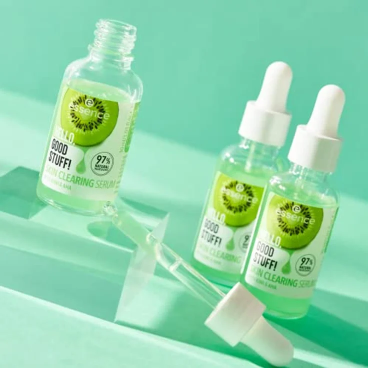 essence HELLO, GOOD STUFF! SKIN CLEARING Serum, Grünes Gesichtsserum mit AHA und Kiwi-Wasser, feuchtigkeitsspendend, vegan, ölfrei, 3er Pack (3x30ml) – Bild 5