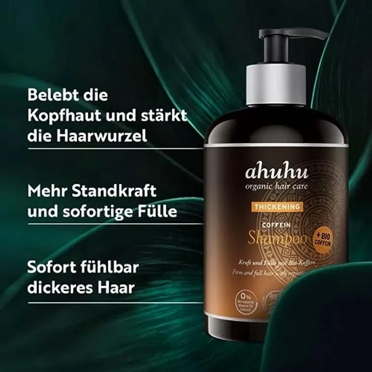 ahuhu THICKENING Coffein Shampoo XXL (500ml) - Bio-Koffein Shampoo für dickeres & kräftiges Haar, belebt die Kopfhaut & aktiviert die Haarwurzeln, Flasche aus 100% recyceltem Plastik, vegan – Bild 2