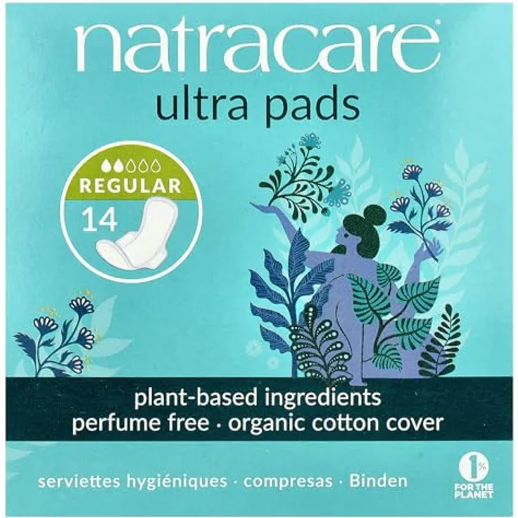 NATRACARE Ultra Binden Regular mit Flügeln, 95 % biologisch abbaubar und kompostierbar, plastikfrei, Bezug aus Bio-Baumwolle