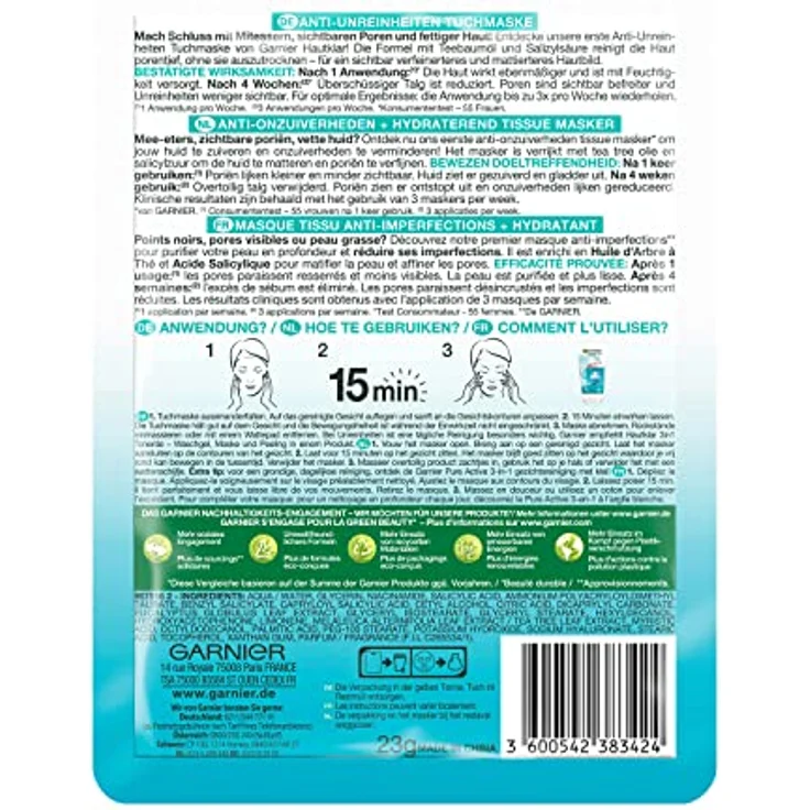 Garnier Tuchmaske, Gesichtsmaske für fettige Haut, Anti-Unreinheiten, Formel mit Teebaumöl und Salizylsäure, Hautklar Aktiv, 23 g – Bild 2
