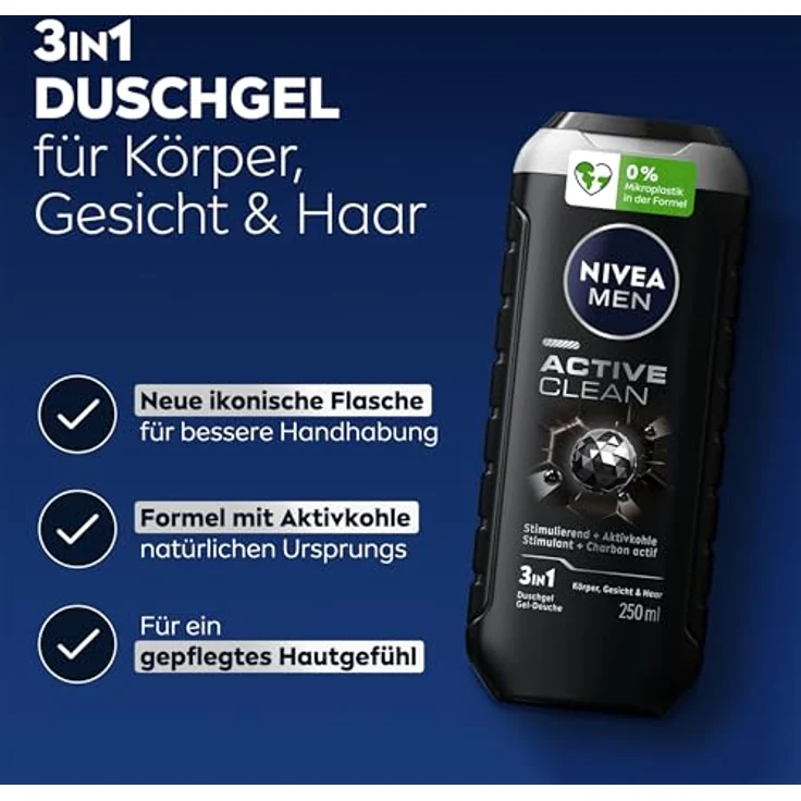 NIVEA MEN Active Clean Duschgel, pH-hautneutrale Pflegedusche mit Aktivkohle, stimulierender Duft für Körper, Gesicht und Haar (250 ml) – Bild 2