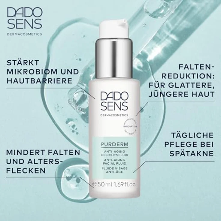DADO SENS PURDERM ANTI-AGING GESICHTSFLUID (50 ml) - 2in1 Anti-Akne & Anti-Aging, mindert Falten, verfeinert die Haut, für empfindliche, reife und unreine Haut – Bild 3