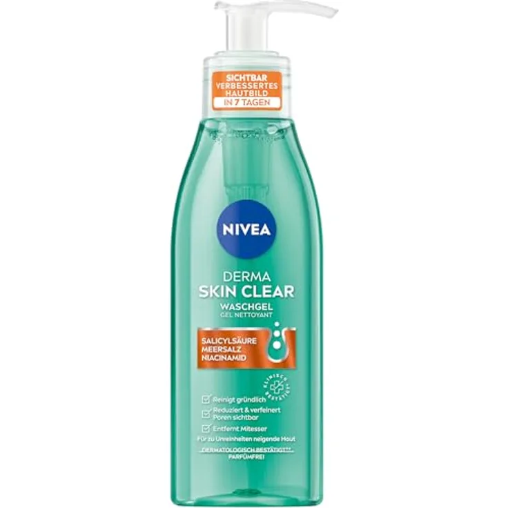 NIVEA Derma Skin Clear Waschgel, Cleanser für unreine Haut mit Salicylsäure und Niacinamid, 150 ml, vegan, dermatologisch getestet