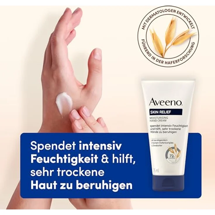 Aveeno Skin Relief Feuchtigkeitsspendende Handcreme (75 ml), parfümfreie Handcreme für sehr trockene Hände, natürliche Hautpflege mit beruhigendem Hafer & Sheabutter, vegan* – Bild 2
