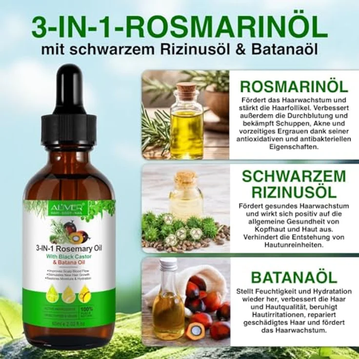 P-Beauty Bio Haaröl 3in1 Rosmarinöl, Rizinusöl & Batanaöl 60ml - Ätherisches Öl für Haar- und Hautpflege, fördert Haarwachstum, pflegt Haut & Nägel, inkl. Pipette und Applikator-Pinsel – Bild 2