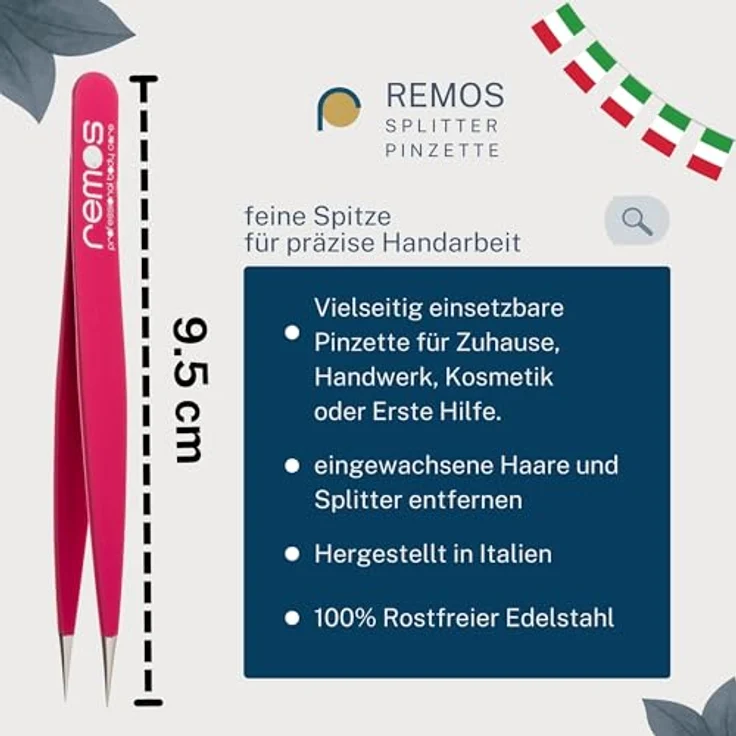 remos professional body care REMOS Splitterpinzette, Edelstahl [INOX] rostfrei 9.5 cm, feine Spitze fuxia für präzises Entfernen von Splittern und eingewachsenen Härchen – Bild 2