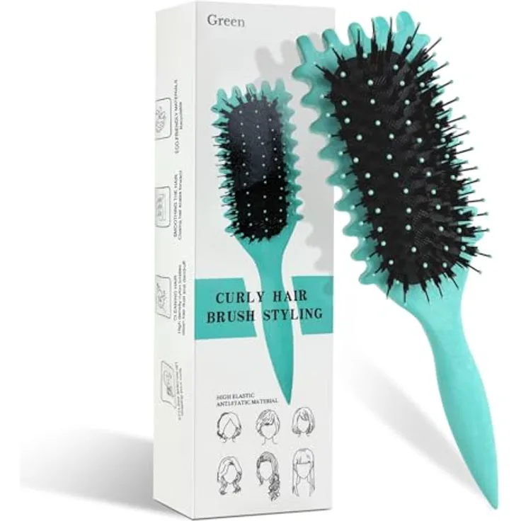 CNMTCCO Curl Hair Brush, Lockendefinierende Haarbürste mit Wildschweinborsten, ergonomischem Griff und entwirrendem Design, grün