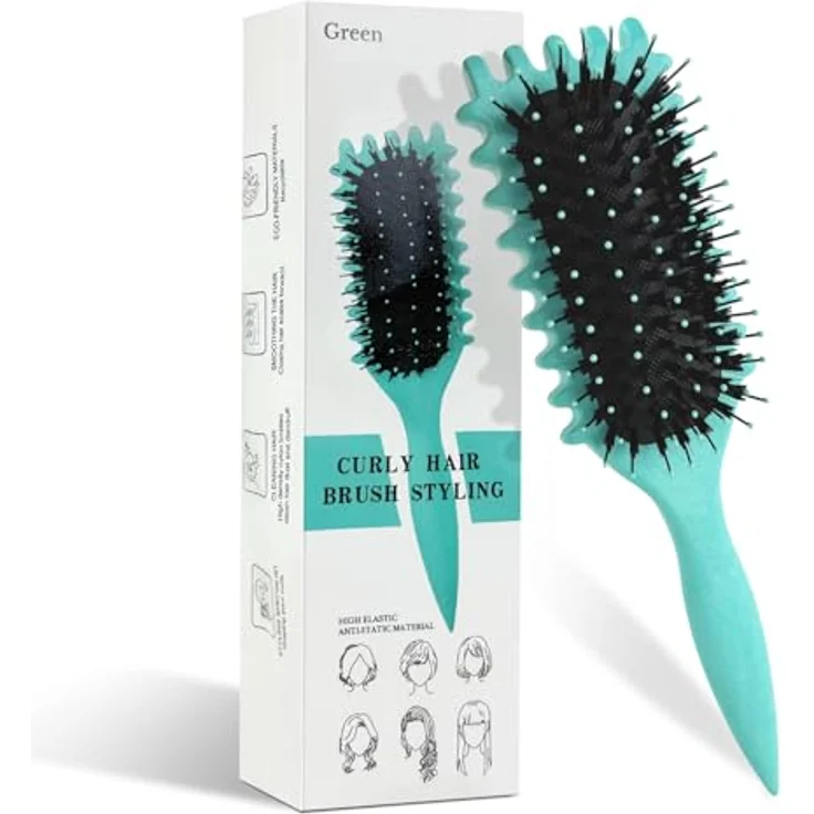 CNMTCCO Curl Hair Brush, Lockendefinierende Haarbürste mit Wildschweinborsten, ergonomischem Griff und entwirrendem Design, grün – Bild 1