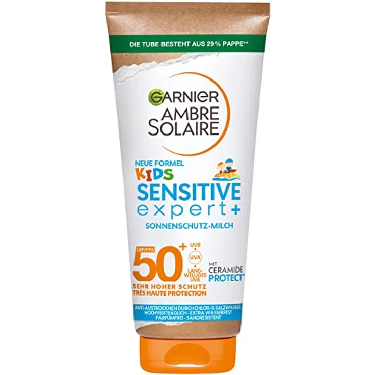 Garnier Sonnenschutzmilch mit LSF 50+ für Kinder, Sonnencreme mit sehr hohem Sonnenschutz, Anti-Austrocknung der Haut, Ambre Solaire Kids Sensitive expert+, 1 x 175 ml – Bild 1