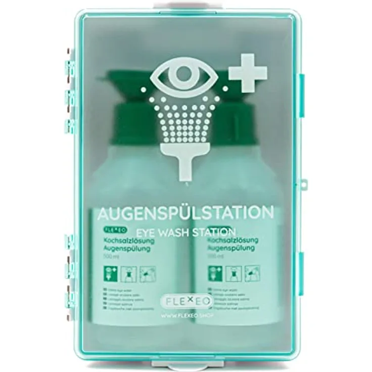 FLEXEO Augenspülstation inkl. 2 × 500 ml Flaschen Kochsalzlösung und Wandhalterung - Augenspülung - Augendusche - Eyewash station - sterile NaCl 0,9 Augenspüllösung - Eye wash - Hohe Sichtbarkeit und effektive Reinigung