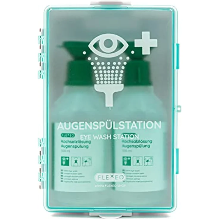 FLEXEO Augenspülstation inkl. 2 × 500 ml Flaschen Kochsalzlösung und Wandhalterung - Augenspülung - Augendusche - Eyewash station - sterile NaCl 0,9 Augenspüllösung - Eye wash - Hohe Sichtbarkeit und effektive Reinigung – Bild 1