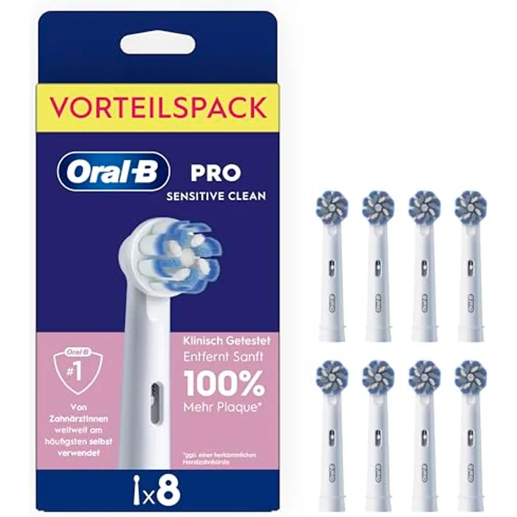 Oral-B Pro Sensitive Clean Aufsteckbürsten, ORIGINAL Zahnbürstenaufsatz mit X-förmigen Borsten, 8 Stück, Weiß - Extra-weiche Bürsten für sanfte Zahnreinigung