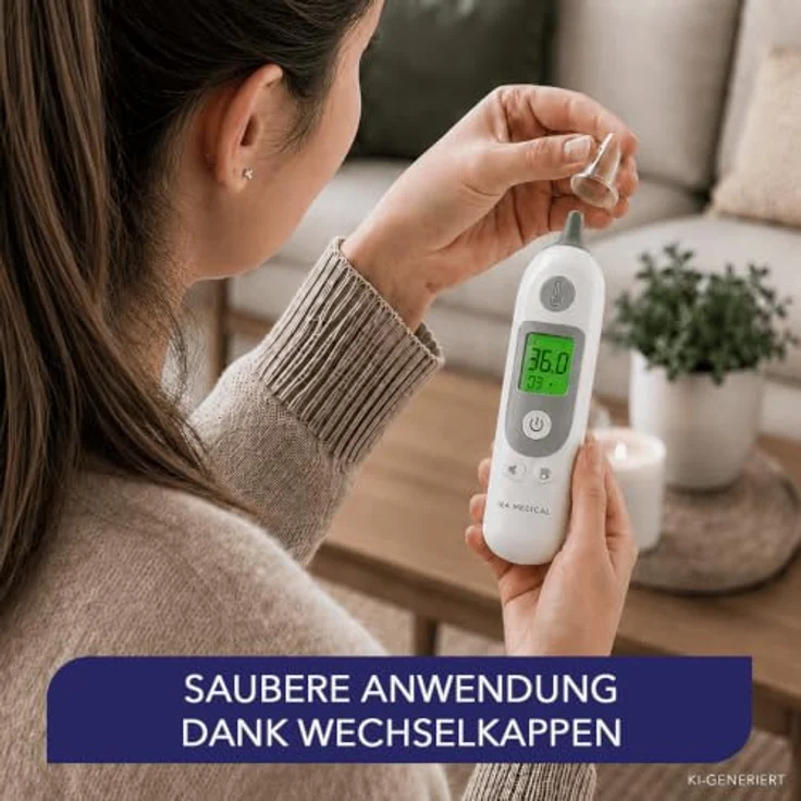 IEA Medical Ohrthermometer für Babys, Kinder & Erwachsene, Hygienisch mit 20 Ersatzkappen, Fieberalarm und 40 Speicherplätzen – Bild 3