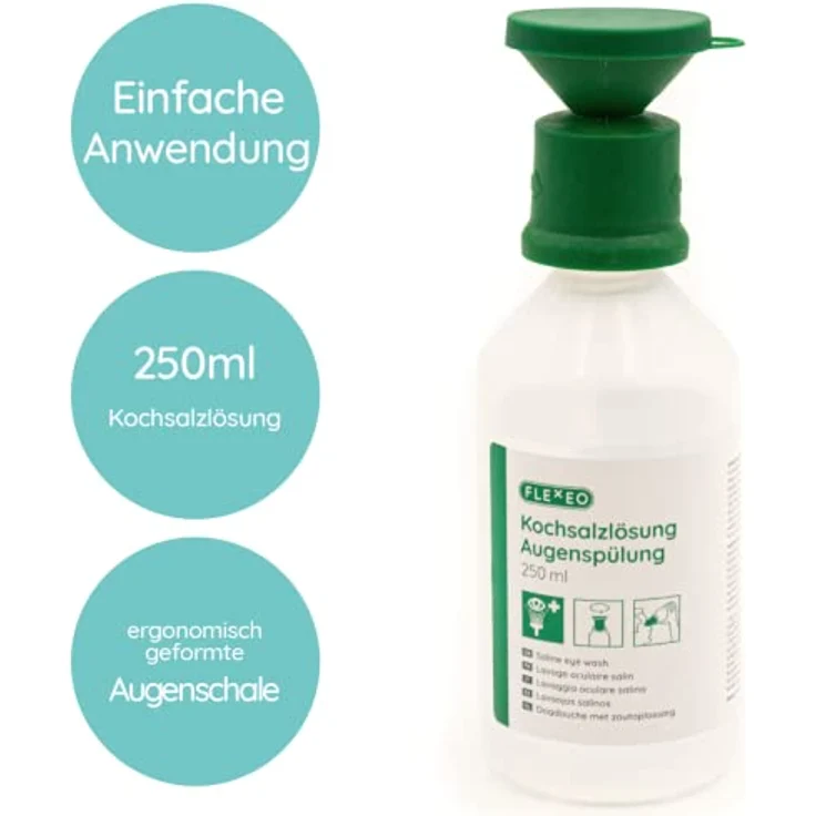 FLEXEO Augenspülung 250ml NaCl 0,9 Kochsalzlösung - Augenspülflasche - Eye wash - sterile Augenspüllösung - Augenspülmittel mit Salzlösung - Augenbad, ergonomische Augenschale – Bild 3