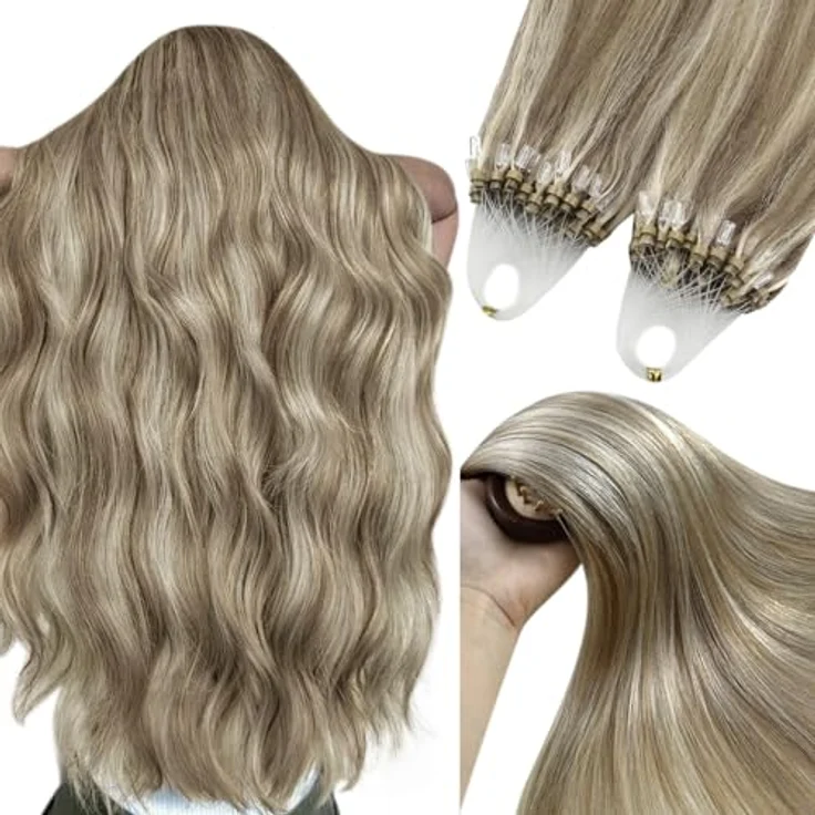 YoungSee Microring Haarverlängerung, Echthaar Extensions Hellbraun & Platinblond, 45 cm, 50g, unsichtbarer und sicherer Halt – Bild 1