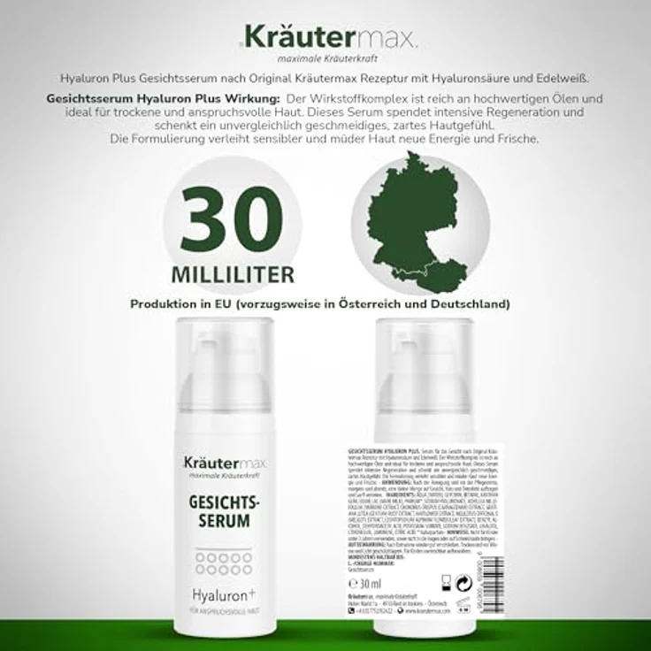 Kräutermax Hyaluron Gesichtsserum, hochkonzentriert ohne Duftstoffe, 30 ml, mit Edelweiß für intensive Regeneration – Bild 2