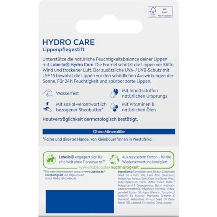 Labello Hydro Care Lippenpflegestift, mineralölfrei mit LSF 15, 24h Feuchtigkeit, Sheabutter und natürliche Öle, 4,8 g – Bild 5
