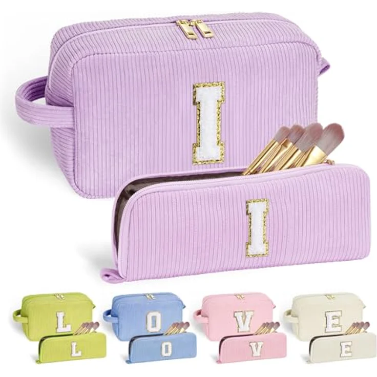 Parima Kosmetiktasche Damen Kulturbeutel, 2-teilig im Corddesign mit Fächern, personalisierbares Geschenk für Frauen in Größe 25 x 15 x 9 cm und 22 x 9 cm, Buchstabe I – Bild 1