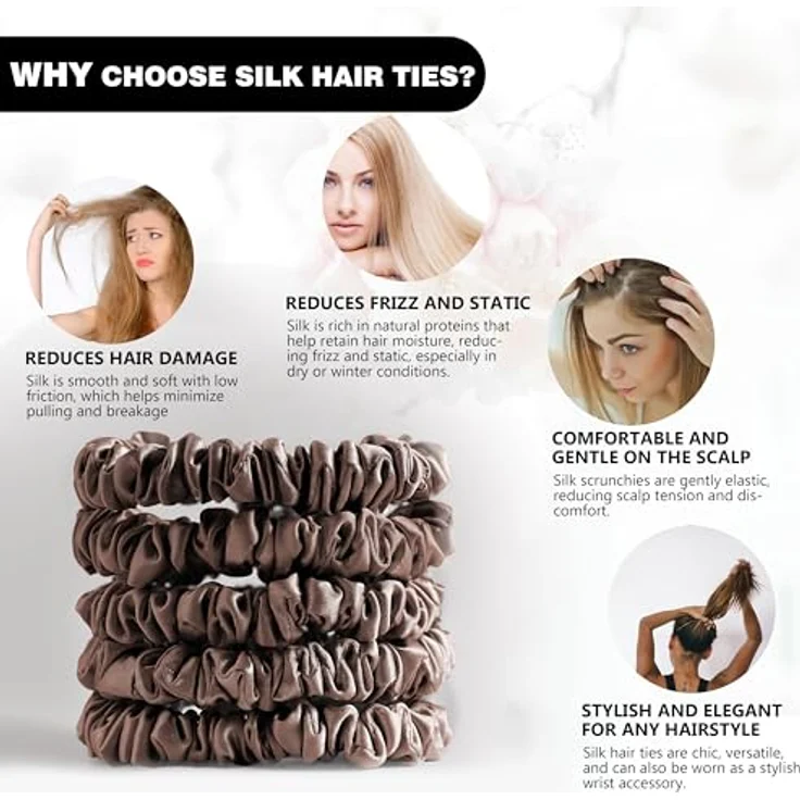 Townssilk Haargummis aus 100 % Maulbeerseide, 22 Momme, luxuriös und elastisch, 5 Stück, Braun, für schonende Haarpflege – Bild 4