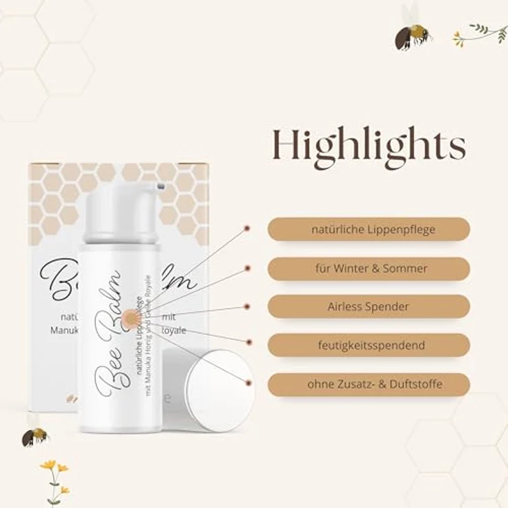 bedrop BeeBalm Lippenpflege, Lippenbalsam im Pump-Spender mit Manuka Honig, Gelée Royale und Retinol - feuchtigkeitsspendend, Anti-Aging, 100% natürlich, 3x 6ml Sparset – Bild 4
