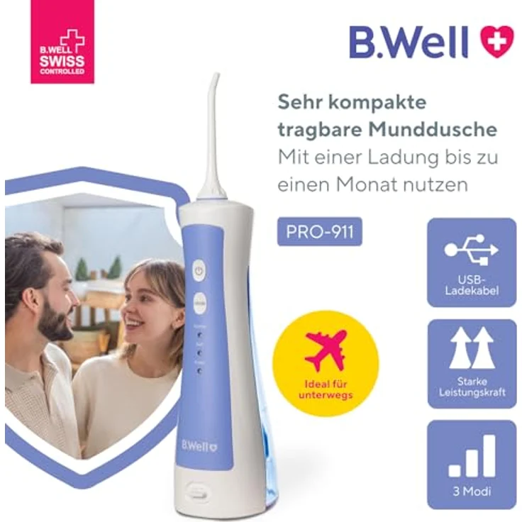 B.Well PRO-911, Tragbare Munddusche mit 3 Betriebsarten, 360-Grad-Düsendrehung, USB-Aufladung für zwei Benutzer – Bild 2