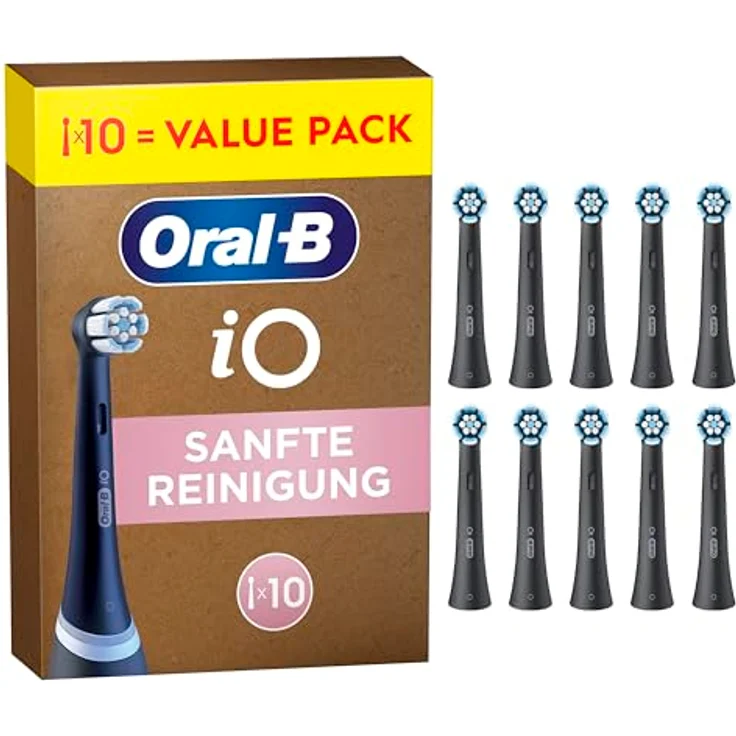 Oral-B iO Sanfte Reinigung Aufsteckbürsten, 10 Stück, abgewinkelte Borsten für effektive Plaque-Entfernung, schwarz, original für elektrische Oral-B iO Zahnbürsten – Bild 1