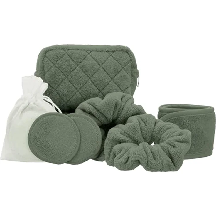 Vossen Damen Beauty Bag Detox Green, Beauty Bag mit feinen Absteppungen, 50% Baumwolle / 50% Polyester, Vegan, enthält 1 Spa Stirnband, 7 Reinigungspads, 2 Scrunchies – Bild 2