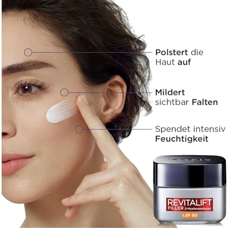 L'Oréal Paris Anti Age Tagespflege LSF 50 für Frauen: hydratisiert die Haut und bekämpft Hautalterung mit 3 Arten von Hyaluronsäure und LSF 50+, Revitalift Filler, 1x 50ml – Bild 2