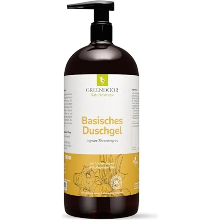 GREENDOOR Basisches Duschgel 500 ml Ingwer Zitronengras, pH 8,5, ohne SLS & Konservierungsstoffe, vegane Naturkosmetik mit Bio-Olivenöl & Bio-Kokosöl
