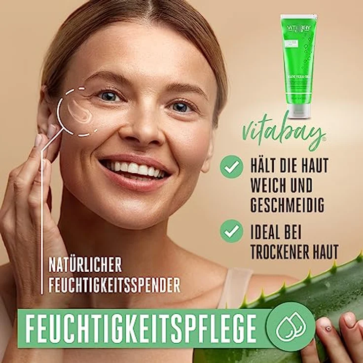 Vitabay Aloe Vera Gel 100 Prozent (99.9%) 250ml - Aloe Vera After Sun Lotion Sonnenbrand - Aloe Vera Herren Naturkosmetik - Aloe Vera Saft Salbe Feuchtigkeitscreme – Bild 3