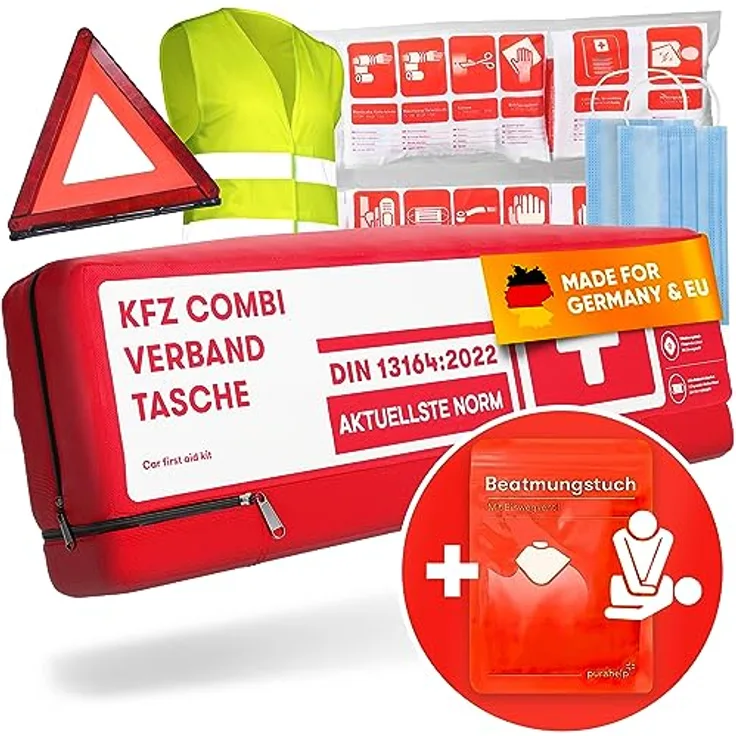 Purahelp KFZ-Verbandtasche Kombitasche, Erste-Hilfe-Set nach DIN 13164:2025 mit Warndreieck und Warnweste, europaweit gültig, sicher und übersichtlich verpackt