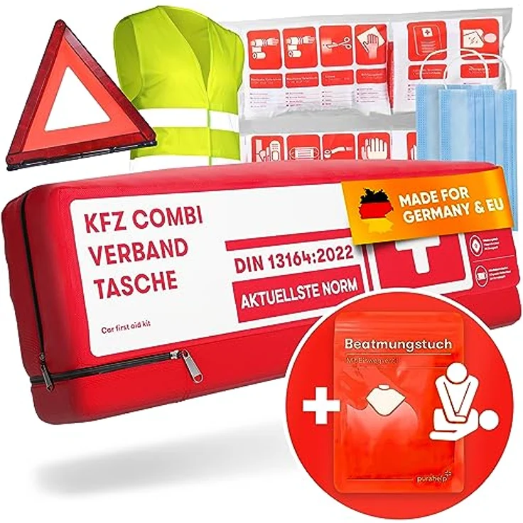 Purahelp KFZ-Verbandtasche Kombitasche, Erste-Hilfe-Set nach DIN 13164:2025 mit Warndreieck und Warnweste, europaweit gültig, sicher und übersichtlich verpackt – Bild 1