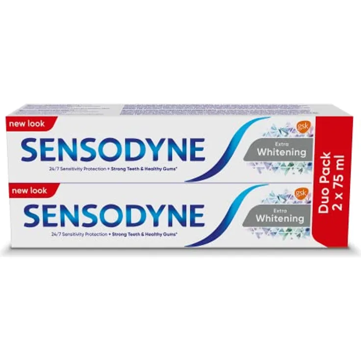 Sensodyne Extra Whitening, bleichende Zahnpasta mit Fluor für empfindliche Zähne, 2x75 ml, reduziert Zahnempfindlichkeit