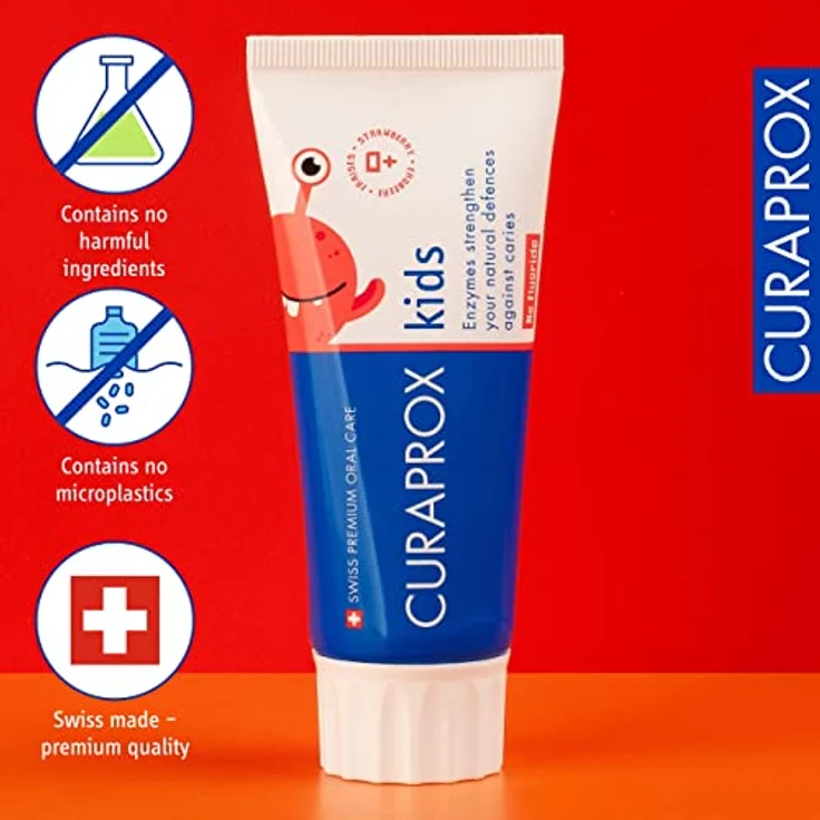 Curaprox Kinderzahnpasta, fluoridfrei für Kleinkinder, Erdbeergeschmack, sanfter Schutz ab dem ersten Zahn, 60 ml – Bild 3